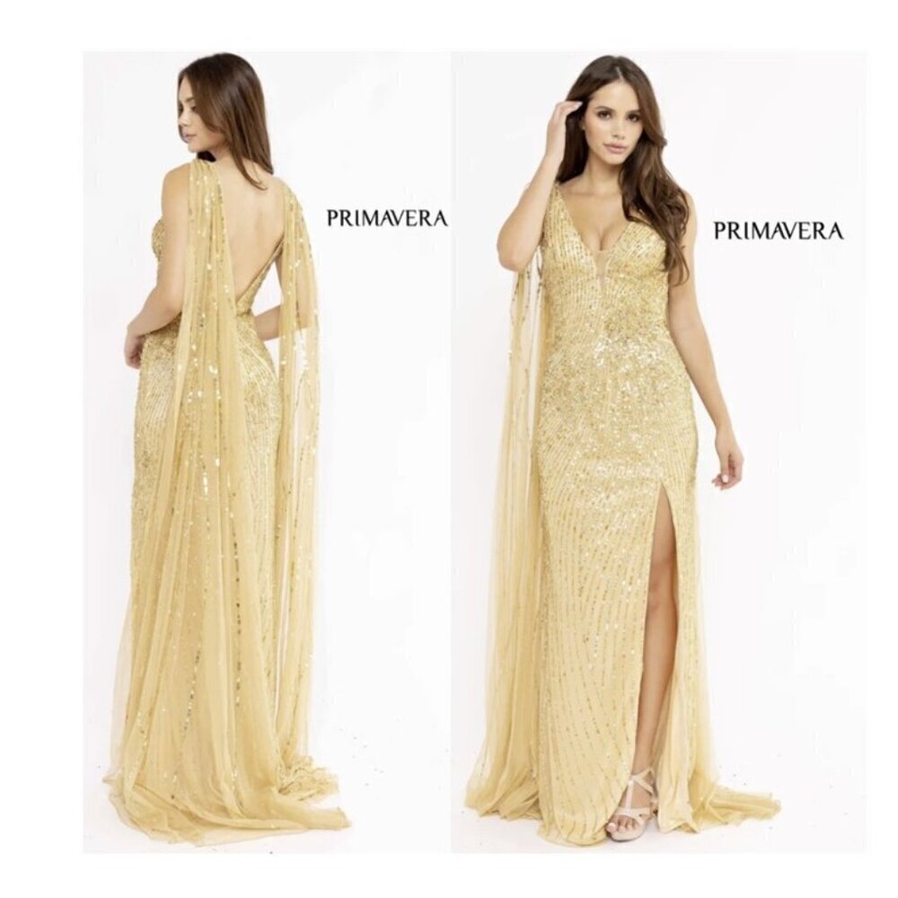 Primavera Couture NEW Gold V Neck Full Sequins Cape Slit Long Gown